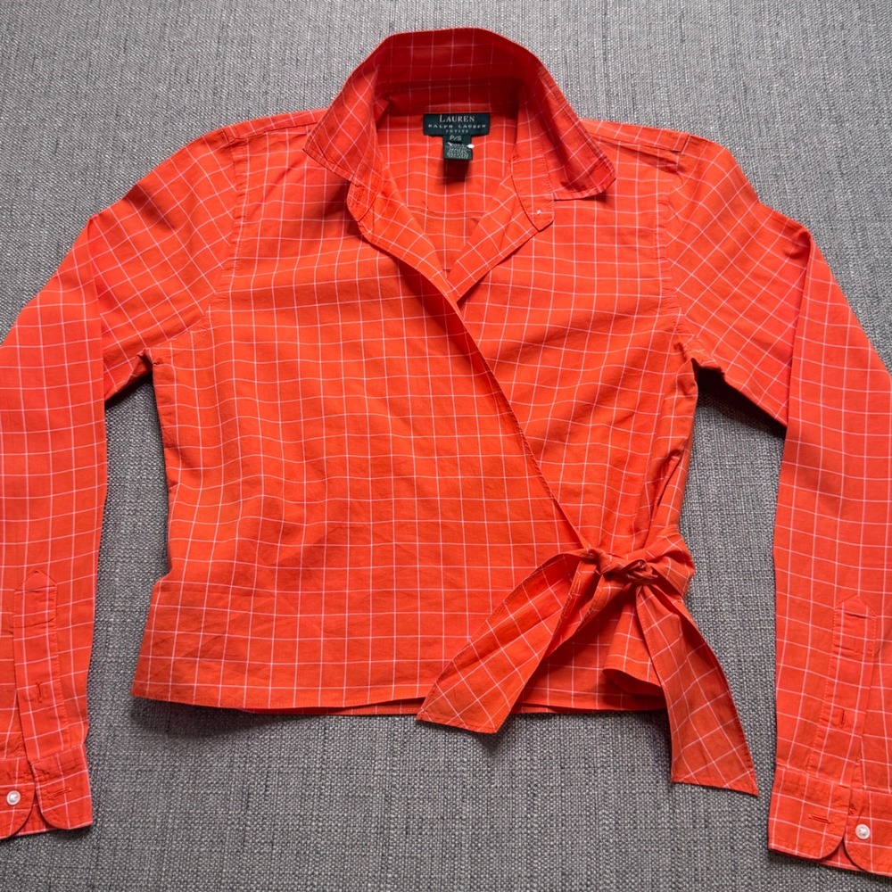 Lauren Ralph Lauren Petite Orange Grid Wrap Top Cotton Side Tie Blouse P/S